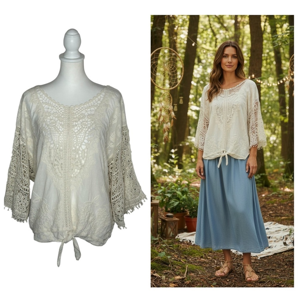 Spiaggia Dolce Cream Lace Crochet Tie Front Top Sz L Festival Boho Ren Faire EUC